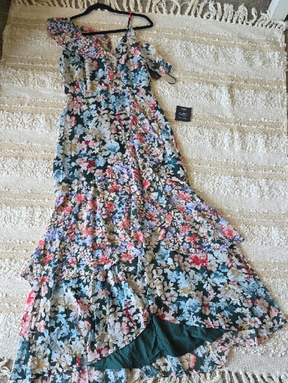 Lulu's Floral Ruffle High-Low Maxi Dress - Pink, Green, Blue Medium - Picture 3 of 8